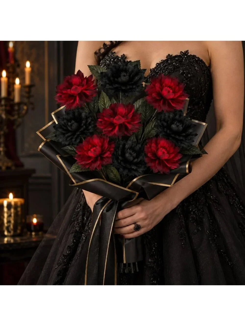 Black Red Artificial Mum Dahlia Style Bouquet, Gothic Wedding Bouquet, Alternati